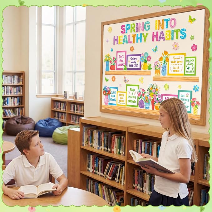 Qilery Spring Healthy Habits Bulletin Board Set Classroom Decorations - Motivational Nutrition Paper Cutouts for Elementary School Nurse Office - Educational Positive Wall Decor for Teachers & Library