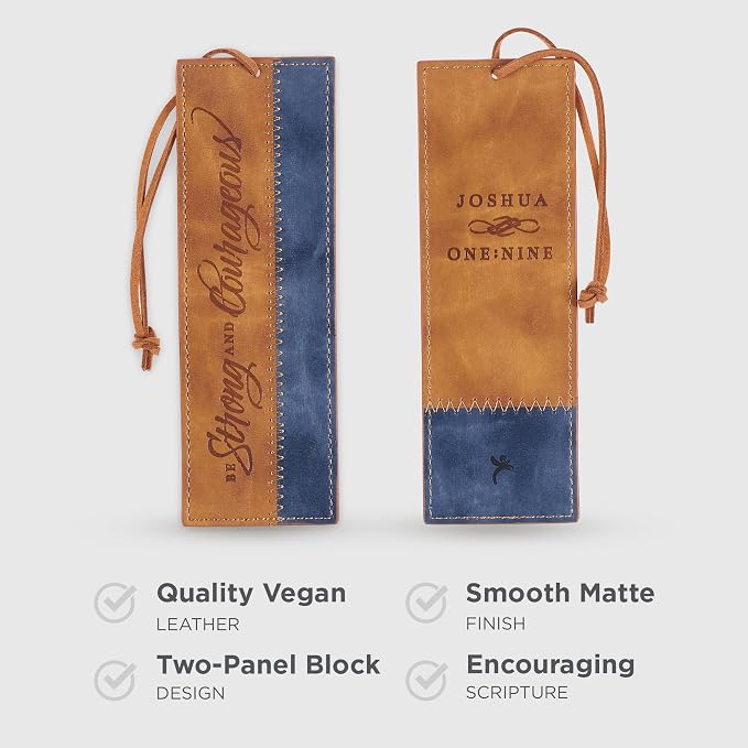Christian Art Gifts Premium Vegan Leather Scripture Bookmark for Men & Women: Strong & Courageous Inspirational Bible Verse, Unique Sturdy Luxury Reading Book Accessory, Light Brown & Navy Blue & Cord