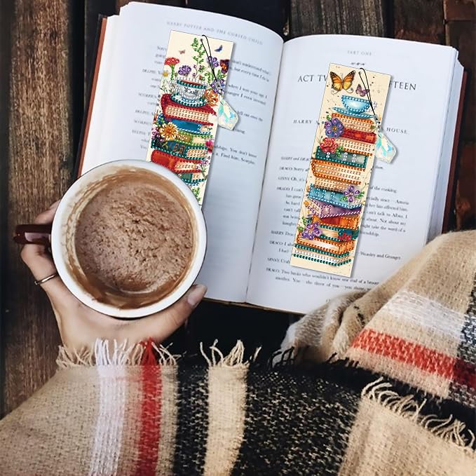 5 Pieces Acrylic Books Diamond Painting Bookmark with Tassels, Coffee Special-Shaped Small Diamond Art Book Marks for Adult, Flower Bookmark Paint with Diamonds for Book Lover
