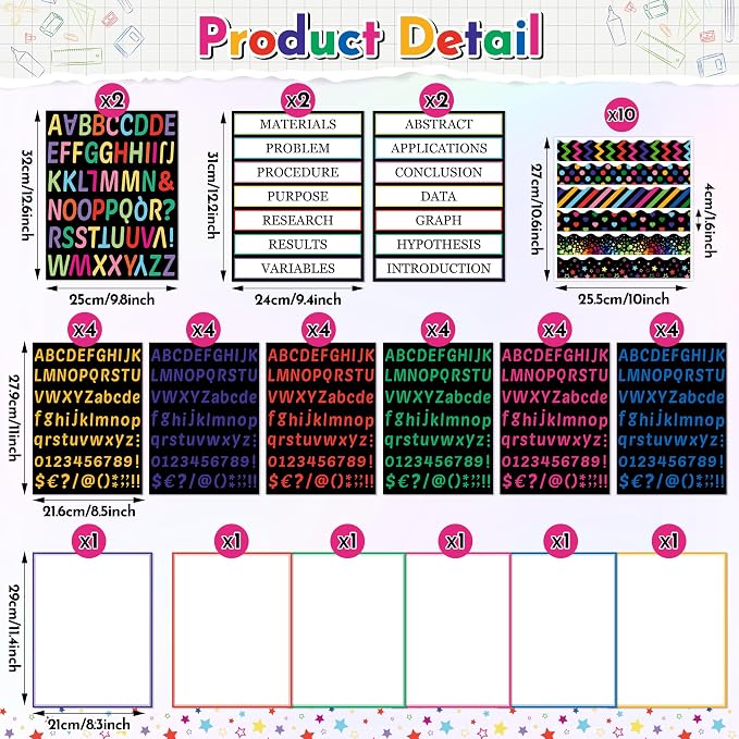 WATINC Science Fair Board Supplies, 96Pcs Self Adhesive Science Fair Project Set with 8 Letter Sticker 10 Presentation Subtitles, Bulletin Border Poster Decor for Classroom (Black)