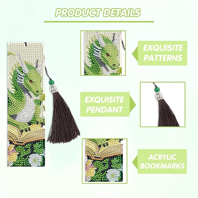 Dragon Diamond Art Bookmarks Kit: 8 Pcs Diamond Painting Bookmark with Tassels, Fantastic Dragon Book Marks for Book Lovers, Gifts for Reading Men DIY Crafts