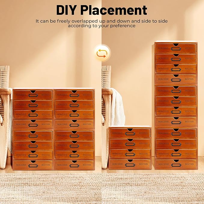 Vintage Drawer Wooden Drawers Organizer, Stackable Tiered Set of 4 Store Desktop Cabinets, 16-Drawer Desktop Organizer With Drawers, Metal Label Holder for Files Letters Herbs, Apothecary Cabinet