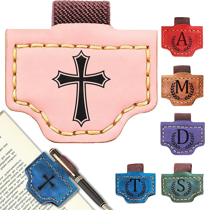 Personalized Leather Magnetic Bookmark with Pen Holder, Bookmark 26 Letters Name Initial Bookmarks for Readers, Book Lover Gifts for Women Men Notebook Accessories (Pink, Cross)