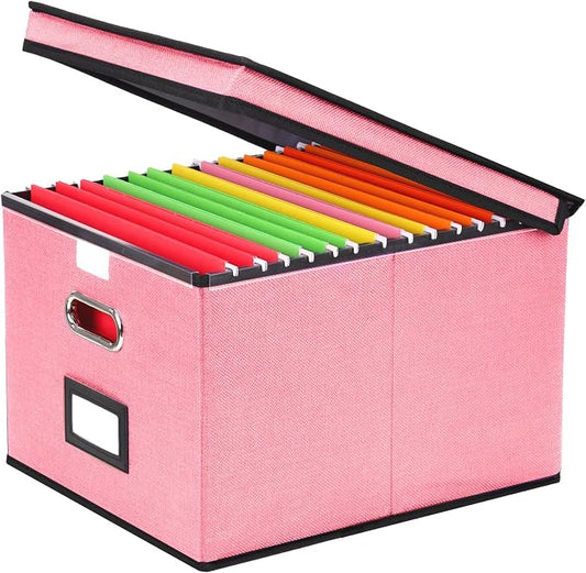 EOOUT 1 Pack File Organizer Box with Lid Hanging File Folders Letter Size Collapsible Document Organizer for Home Office (Pink)