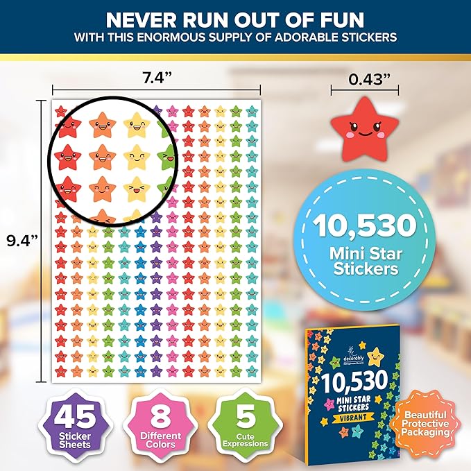 Decorably 10,530 Vibrant Small Star Stickers for Kids Reward - 45 Sheets with 5 Designs for Charts & Worksheets, Classroom Activities, Positive Reinforcement, Arts & Crafts, Scrapbooking, Gift