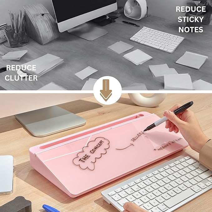 GAROOD Desktop Dry Erase Board with Storage Pink Color Desk White Board Desk Board Glass Desktop White Board with Stand Home Office Organizer Phone Holder 15.8X7X2 inches