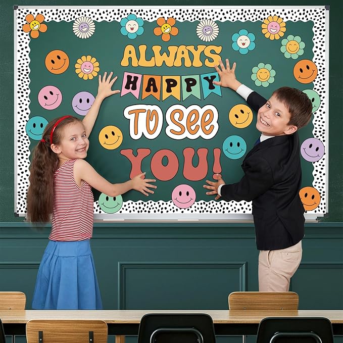 VABAMNA 63 Pcs Groovy Bulletin Board Decorations Set Retro Happy Face Classroom Decor with Black Dots Border Trims for Back to School Classroom Wall Door Decor