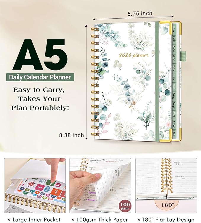 2026 Planner, Hardcover Weekly and Monthly Planner for Women, January 2026 - December 2026, Spiral Yearly Agenda Organizer Book 2026 with Tabs, Daily Calendar Planners for School Work Home, A5 (5.75" x 8.38"), Aesthetic Leaf