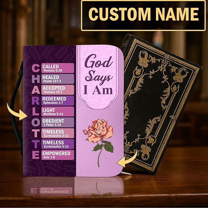 Personalized Man of God Bible Cover, God Says I Am Bible Case PU Leather, Bible Holder Handle Zipper, Faith Scripture with Name Case Bag, Religious Gifts for Church Christians Women Men (GOD-05)