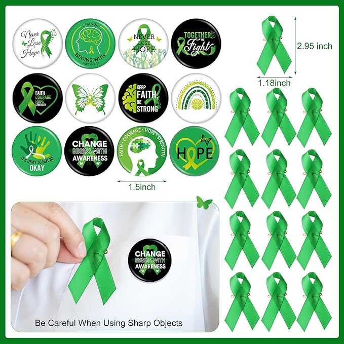 122 Pcs Ribbons Awareness Accessories Includes Ribbons Bracelets Stickers Pins Pens Keychain for School Charity Fundraiser Public Activities Supplies(Mental Health,Green)