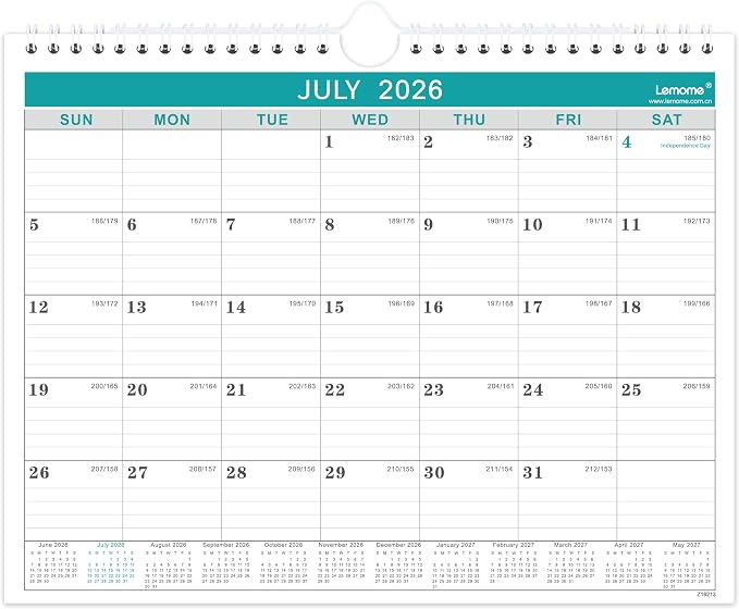 Wall Calendar 2026-2027, 8.5" x 11", Jul 2026 to December 2026, 18 Months with Twin-Wire Bound, Writing Blocks