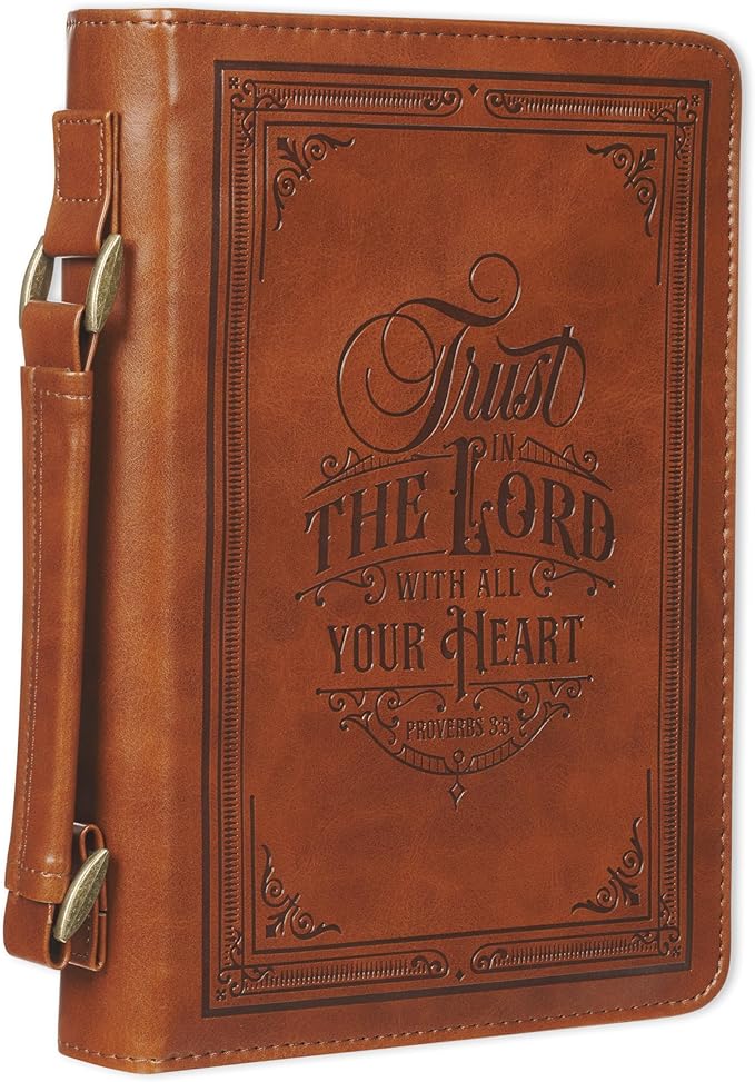 Christian Art Gifts Classic Vegan Leather Bible Cover for Men & Women: Trust in the Lord Inspirational Bible Verse, Sturdy Easy Carry Book Case, Pen Loops, Pockets, Accessory Storage, Brown, XL