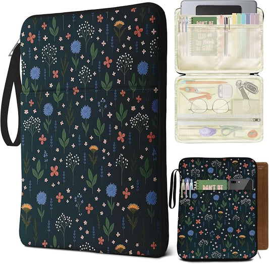 Flower Leaf Book Sleeve Kindle Pouch, Book Protector Case with Zipper, PU Leather Waterproof Book Cover Bag, Portable Book Pouch for Book Lovers Gifts Paperbacks Bibles Hardcover Black