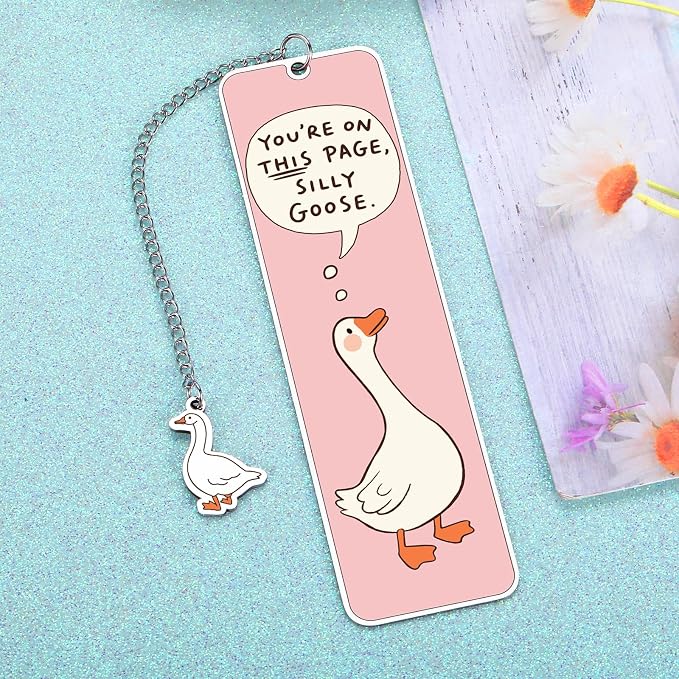 Pink Stuff Cute Bookmarks for Women Girls Book Lovers Book Marks for Reading Women Funny Book Lovers Gifts, Reading Accessories Gag Bookish Gifts for Readers Women Silly Metal Bookmarks Goose 2-Side
