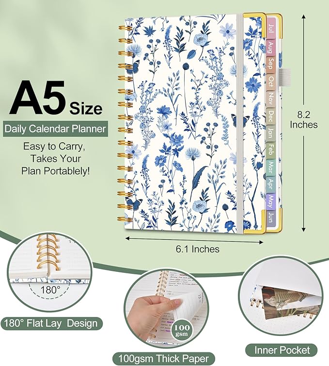 Academic Planner 2026-2027, Hardcover Weekly and Monthly Calendar Planner from July 2026 - June 2027, Daily Agenda Planners with Tabs, College School Organizer for Student Teacher, A5 (6.1" x 8.2"), Blue Floral
