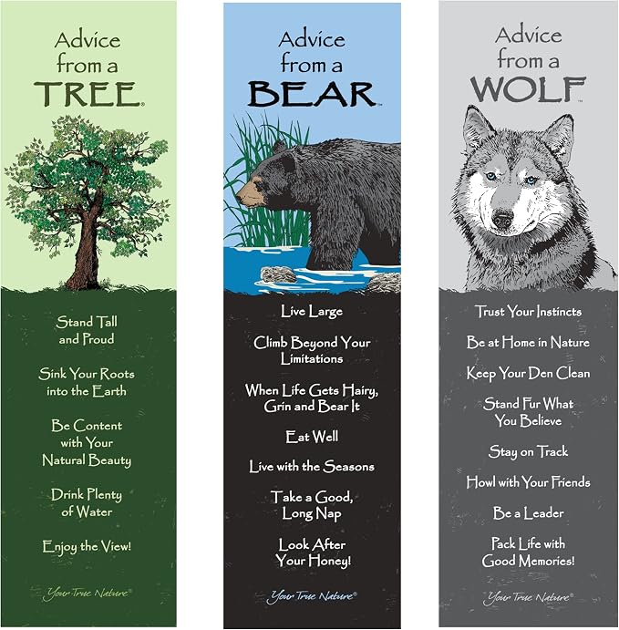 Advice 3 Bookmark Woodland Set, Laminated with Glossy Finish, Printed on Recycled Paper, Bear, Wolf, Tree (AMBM-Nature)