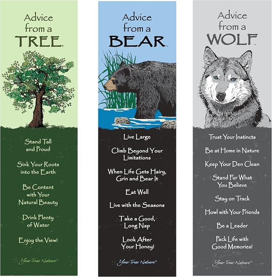 Advice 3 Bookmark Woodland Set, Laminated with Glossy Finish, Printed on Recycled Paper, Bear, Wolf, Tree (AMBM-Nature)