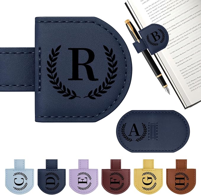 Personalized Magnetic Bookmark Pen Holder, Leather Book Marks for Reading Women& Men, Engraving 26 Letters Name Initial Bookmarks with Pencil Pen Holder, Gift for Book Lovers, Readers (Dark Blue, R)