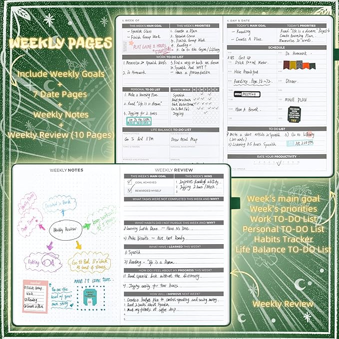 Undated Academic Planner Hardcover (5.5x8.5") - Flexible Weekly & Monthly Organizer with Stickers, Productivity Journal for Students & Professionals(Dark Green)