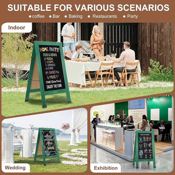 Wood Magnetic A-Frame Chalkboard Signs, 40" x 20" Large Sandwich Board Signs Outdoor, Double-Sided Sidewalk Blackboard for Business, Wedding, Vendor Display, Coffee Shope - Green