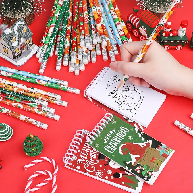 SULOLI Christmas Pencils with Eraser, 48pcs Xmas Themed Pencil with Santa Claus, Elk, Christmas Tree and Snowflake for Kids Children Christmas Party Supplies(8 Styles)