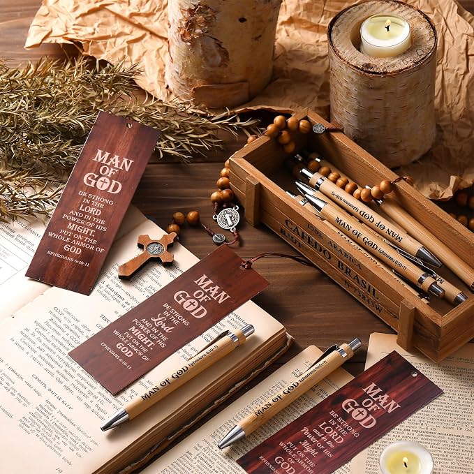 Dispowreath 24 Pcs/12 Sets Man of God Gift, Include 12 Man of God Ephesians 6: 10-11 Bookmark 12 Bible Verse Bamboo Ballpoint Pen for Men Church Prizes Party Favors