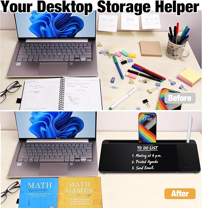 Glass Desktop Whiteboard with Wireless Charger & Storage, Desk Dry Erase Note Memo Board, Compact Desk Organizer for Desk, Home, Study, Office, Back to School Supplies, Black, 2026