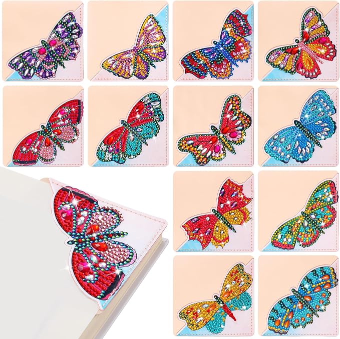 Ireer 12 Pcs 5D Diamond Painting Corner Bookmark Rhinestone PU Leather Diamond Painting Bookmark Triangle Art Bookmarks for Home Office Beginner Adults Birthday Mother Gift(Butterfly Style)
