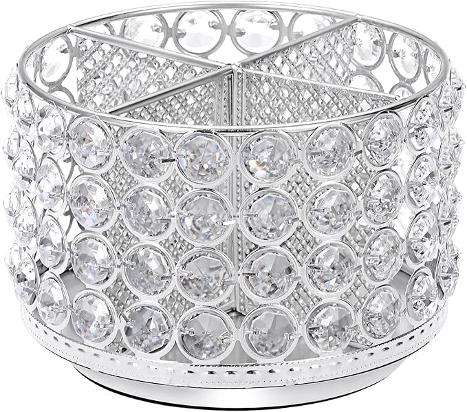 BTSKY Crystal 360 Degree Rotating Desk Organizer Decorative Storage Box with 4 Compartments, Glitter Metal Makeup Brush Holder Elegant Storage Caddy Home Decor Gift for Women, Round-4 Slots Silver