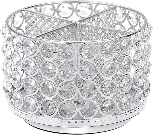 BTSKY Crystal 360 Degree Rotating Desk Organizer Decorative Storage Box with 4 Compartments, Glitter Metal Makeup Brush Holder Elegant Storage Caddy Home Decor Gift for Women, Round-4 Slots Silver