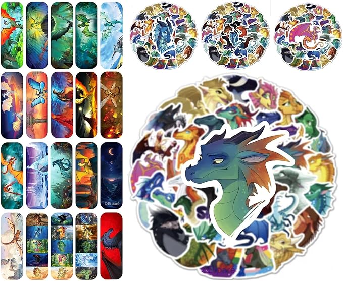 130 pcs Wings of Fire Bookmarks and Stickers - from Wings of Fire Book 1-15 Author Tui Sutherland Wings of Fire Merchandise as Party Favor, Student Rewards (WOF_Bookmarks_with_Stickers)