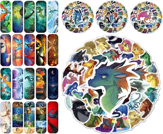 130 pcs Wings of Fire Bookmarks and Stickers - from Wings of Fire Book 1-15 Author Tui Sutherland Wings of Fire Merchandise as Party Favor, Student Rewards (WOF_Bookmarks_with_Stickers)