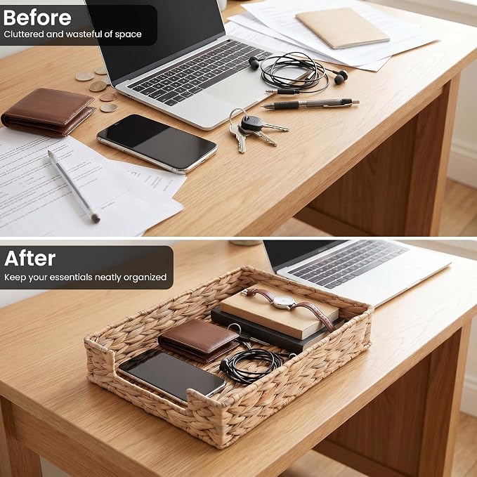 Letter Tray Water Hyacinth, Wicker Desk Organizer for Office Supplies Mail | Desk Tray Organizer for A4 Paper, Magazine, Jewelry Cosmetics, Paper Holder Storage Basket for Office, School, and Workspace