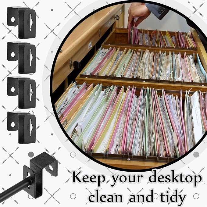 4 Set 12 Pcs Black Metal Hanging File Bracket Clips 8 Hanging Rail Clip 4 File Cabinet Rails Fits 1/2 Drawer Side Document Folder Frame Document Hangers for Cabinets Storage
