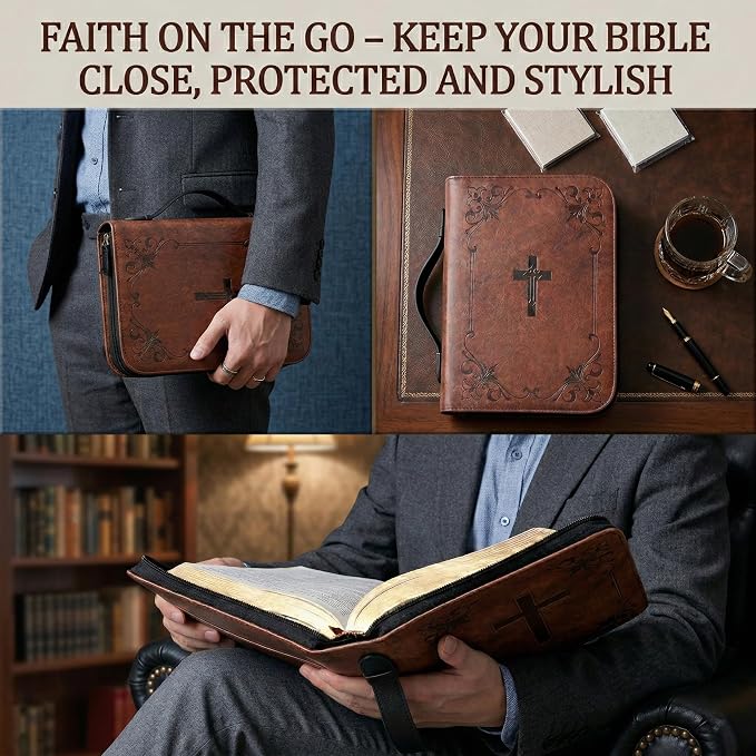 Large Bible Cover Case for Men & Women, Premium Faux Leather Bible Bag with Handle & Zipper, Christian Cross Book Carrying Case & Protector, Bible Study Supplies, Religious Gift(11.2 x 8 x 2.2 in)