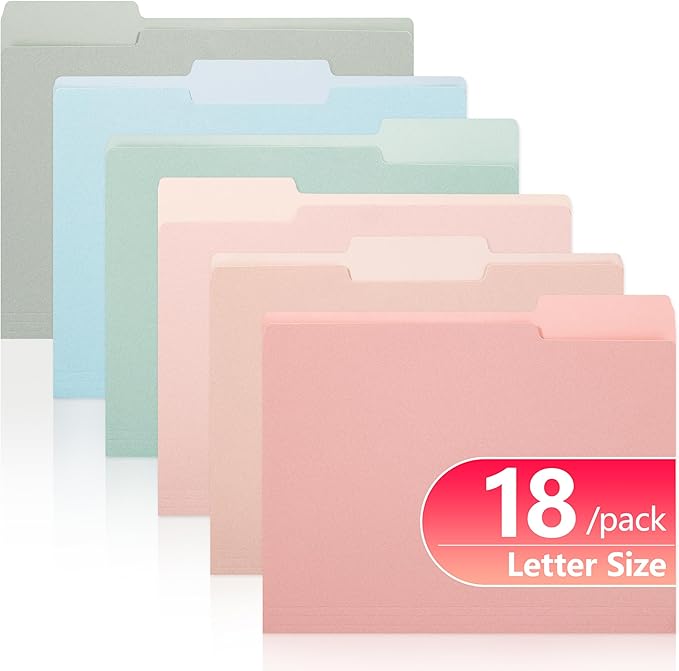 pmybupo Two Tone Colored File Folders,18 Pack 6 Pastel Colors Manilla Folders 8.5x11,Assorted Colors 1/3 Cut Tab File Folders Letter Size,School Business Office Folders for Document