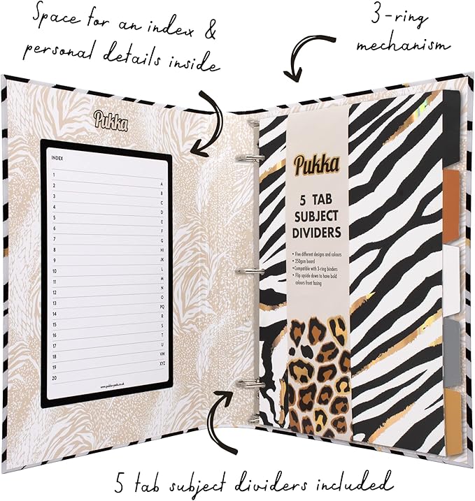 Pukka Pad, Wild A4 Preloaded 3-Ring Binder – Includes Personal Details and Planner Pages – Comes Preloaded with 5-Part Dividers – Standard 3-Ring Mechanism - Zebra