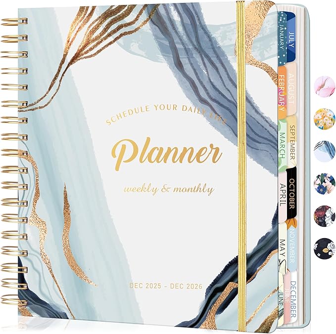 CAGIE 2026 Planner Weekly and Monthly Dec 2025–Dec 2026 Hardcover Planner with Pockets, 13 Month Large Blue Marble Calendar Planner with Stickers Tabs, Spiral Bound Yearly Calendar Planner for Women, 8.3" x 9.3"