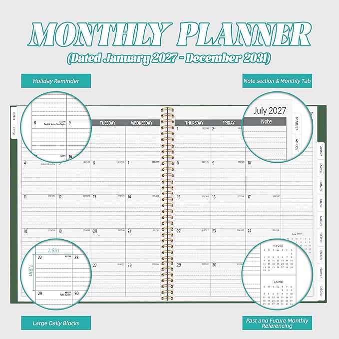 2027-2031 Monthly Planner 5 Year Monthly Planner/Calendar 2027-2031, Jan 2027 – Dec 2031, 9" x 11", Tabs, Double-Side Pocket, Holidays, Thick Paper - Dark Green