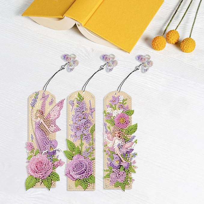 ARTopet 3Pcs DIY Diamond Art Painting Bookmarks with Colorful Butterfly Pendant PET Bookmark Ornament Double Sided Pattern Single Sided Diamond Book Marker Clip Gifts Tags-Flowers06