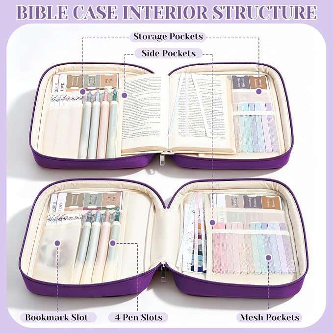 XKDOUS Bible Cover, Large Bible Bag with Durable Handle, Cross Design Waterproof Bible Case with Bible Study Supplies, Christian Gift for Mom, Women and Men (Purple)