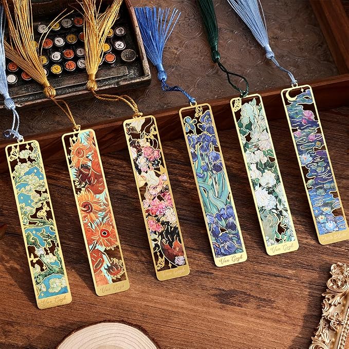 icceemee 12 Pieces of Gold Hollow Bookmarks with Tassels, Featuring Van Gogh and Monet Oil Painting Themes Perfect for Book Lovers, Writers, Readers, Children, Teenagers, Men, Women, and Adults