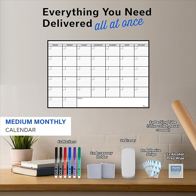 Large Dry Erase Calendar for Wall, 24x36, Large Wall Calendar Dry Erase, Big White Board for Office, Home & School, Giant Erasable Whiteboard, Jumbo Monthly Undated Reusable White Board Planner