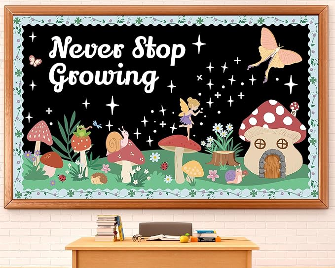 Forest Bulletin Board Decorations Set Mushroom House Spring Summer Never Stop Growing Paper Cutouts Fairy Tale Story Bulletin Boarder Elf Flower Classroom Supplies for Motivational School Party Decor