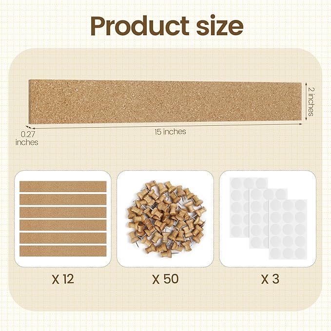 Aodaer 12 Pack Cork Boards Strips 15 x 2 Inch Board Bar Strips with 50 Push Pins and 45 Adhesive Stickers Frameless Bulletin Board for Office School Wall Decorations