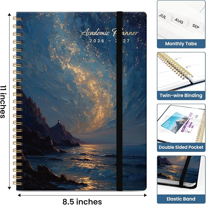 Planner 2026–2027, Academic Year Monthly & Weekly Calendar Book, Jul 2026–Jun 2027, Hardcover Organizer with Tabs, Student & Teacher Planner, 8.5" x 11", Golden Tide