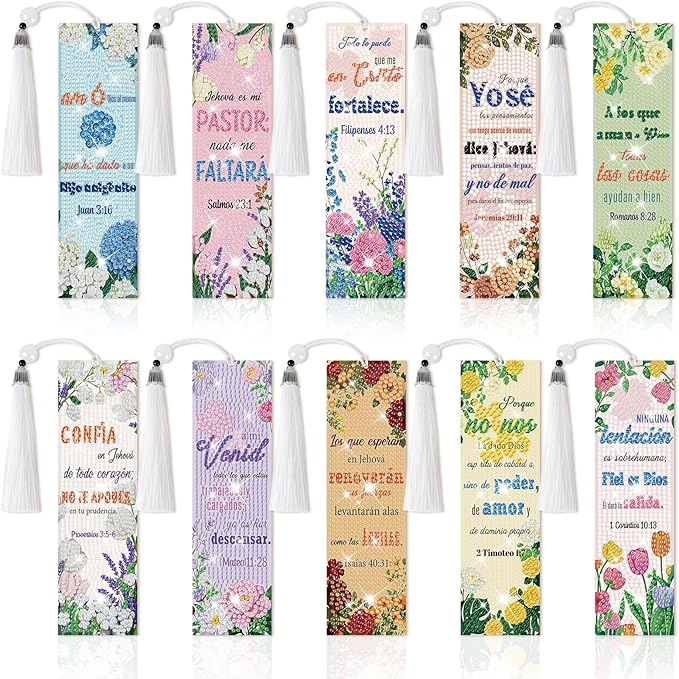 8 Pieces Christian Bible Verse Diamond Art Bookmarks 5d Christian Beaded Bookmark Acrylic Tassel Bookmark for DIY Making Beginners Adults Arts Craft Supplies (Spanish)