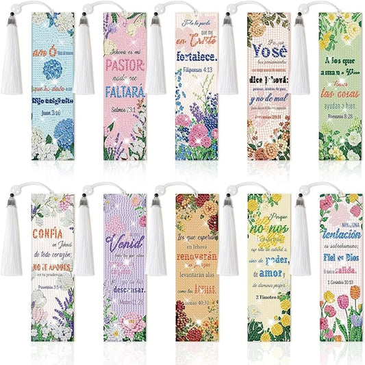 8 Pieces Christian Bible Verse Diamond Art Bookmarks 5d Christian Beaded Bookmark Acrylic Tassel Bookmark for DIY Making Beginners Adults Arts Craft Supplies (Spanish)