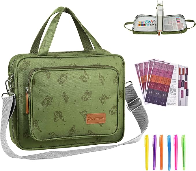 Bible Cover Case Deluxe with Gift Box - Water-Resistant Bible Cover Crossbody Bag for Large Print Bibles, Complete Study Kit with Bookmarks, Pens & Stickers, Green Butterfly