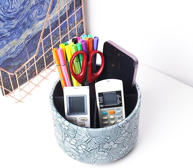 Round Leather Art Supply Organizer,Remote Control Holder,360-degree Rotating Pen Organizer with 4 Compartments(1-Butterfly Blue)